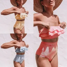 Swimwear Women Sexy Strapless Bikini 2019 Swimsuit Ruffle High Waist Bikini Set Striped Wrap Female Bathing Suit Bandeau Summer