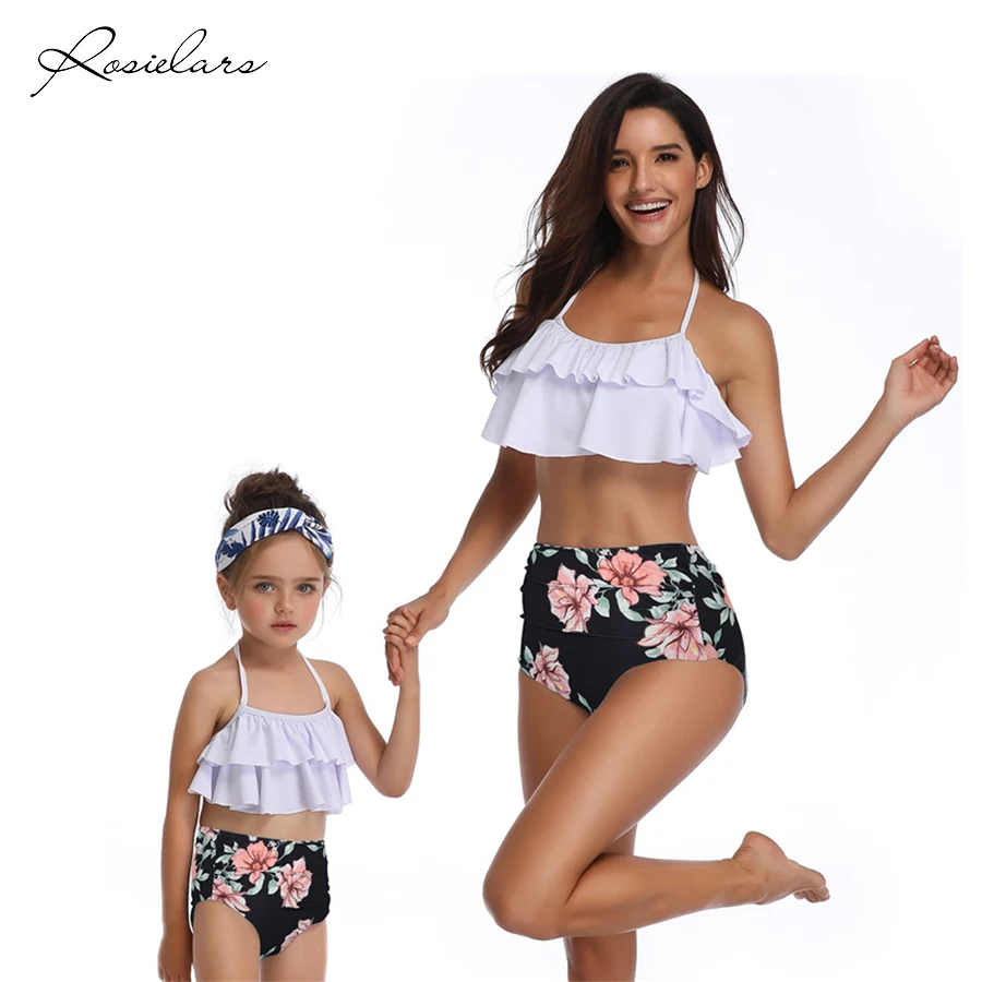 Billig 2019 ROSIELARS Familie Passenden Badeanzug Frauen und Mädchen Rüschen Floral Zwei Stück Bademode Bikini Hohe Taille Bademode