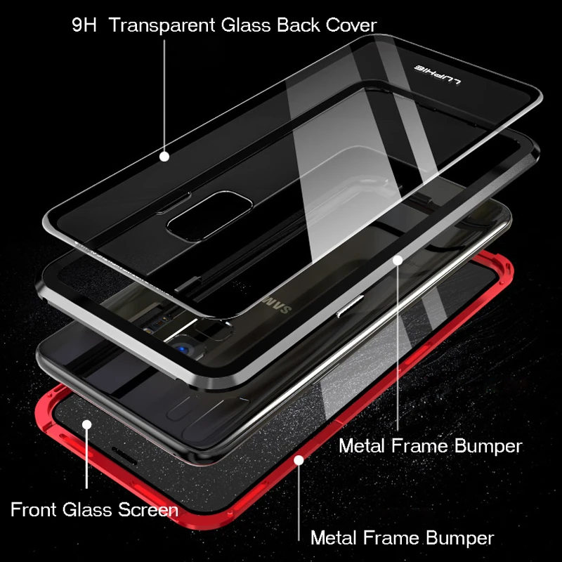 360 чехол на весь корпус для samsung Galaxy S9 Plus S9Plus металлический магнитный бампер и передние крышки из закаленного стекла для samsung S9 чехол s 360