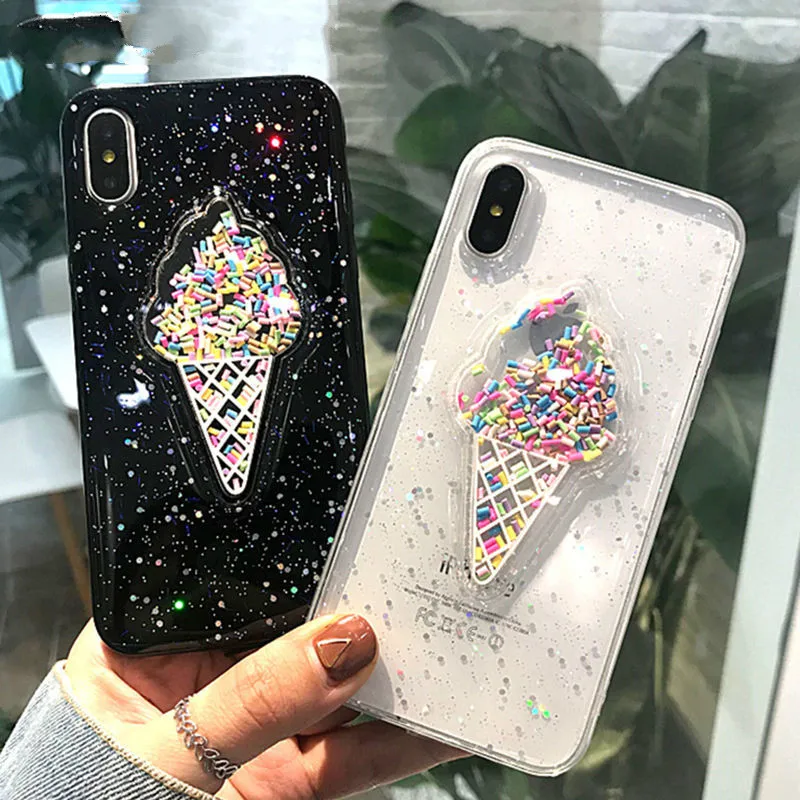 

Lovely 3D Summer Ice Cream Phone Case For iPhone X 6 6S 7 8 Plus Shining Glitter capa Soft TPU Back Cover Coque for iphone