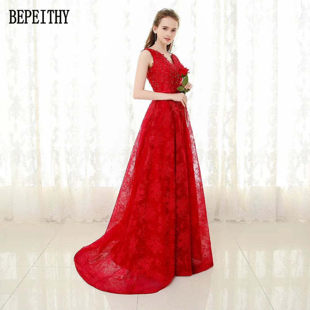 21   BEPEITHY New Arrival Vestido De Festa Robe De Soiree V-Neck Red Lace Appliques Party Elegant A-Line Long Evening Dresses 2017 (4)