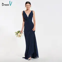 Dressv Длинные платье подружки невесты синий Sleevesless оболочка Простой V шеи Пользовательские Элегантная Свадебная вечеринка торжественное