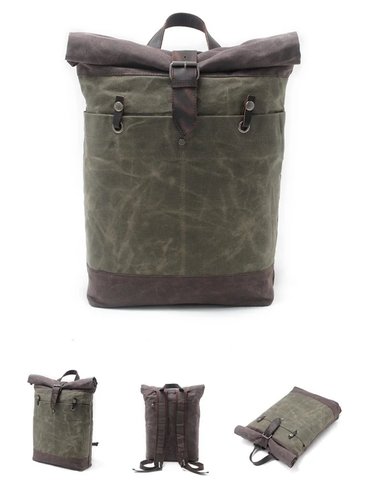 PRODUKTANZEIGE ARMY GREEN von Woosir Wasserdichter Rolltop-Rucksack aus gewachstem Canvas