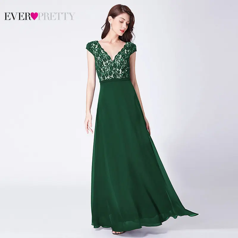 Ever Pretty Robe De Soiree длинные кружевные вечерние платья элегантные трапециевидные черные вечерние платья с v-образным вырезом и короткими рукавами EP07344BK - Цвет: Dark Green