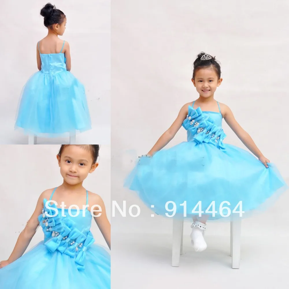 Blue Spaghetti Strap First Communion Pageant Bow Pincess Rosette Christening Tea Length Organza Flower Girl Dresses For Wedding | Свадьбы и