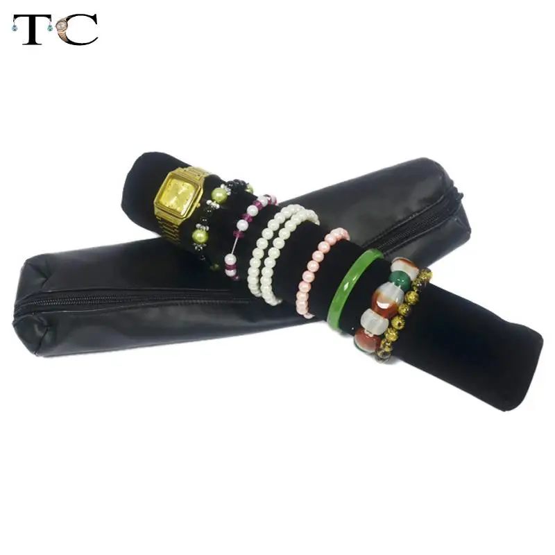 

Leatherette Zipper Bag With Black Velvet Pillow Bar Watch Carrying Cases Bracelet Holder Organizer for Jewelry Travel Roll Bags