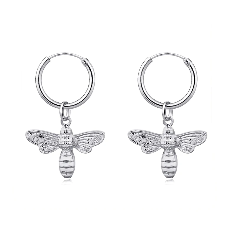 

1 Pair Brightly Cute Little Bee Small Hoop Earrings With Pendant Silver Color Cute Animal Bee Earring For Women Jewelry E801-T2