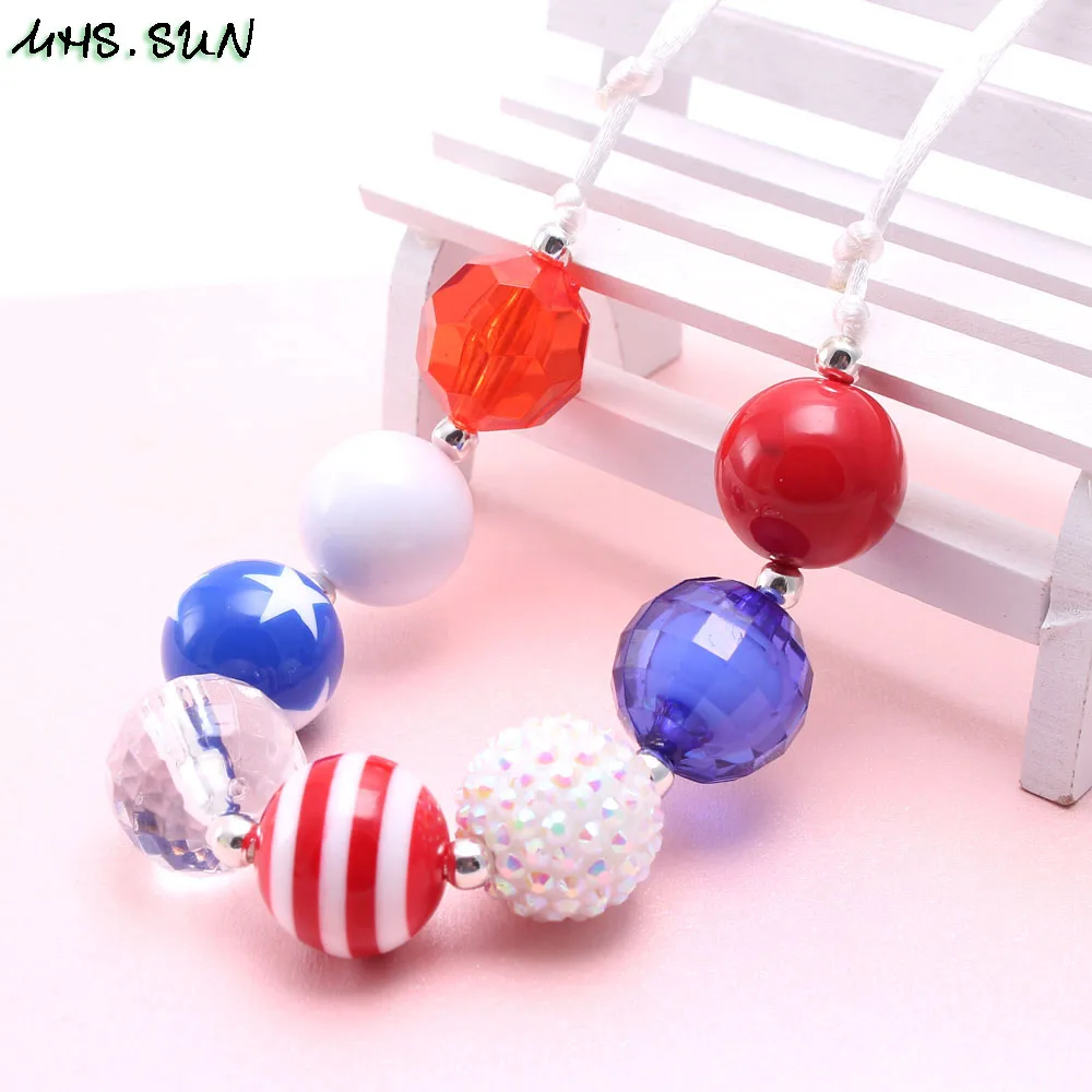 BN576-1 (5),$1.8-1PC,50g.4th July USA Flag Style Kids Baby Chunky Strand Beaded Necklace Cute Bubblegum Necklace Rope Chain Choker Necklace 1PCJPG