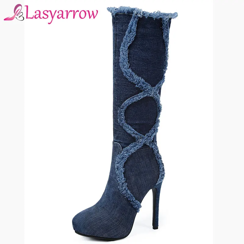 Lasyarrow Fashion 2018 Women's Shoes Autumn Winter High heeled Zip Denim Knee High Boots Tassel