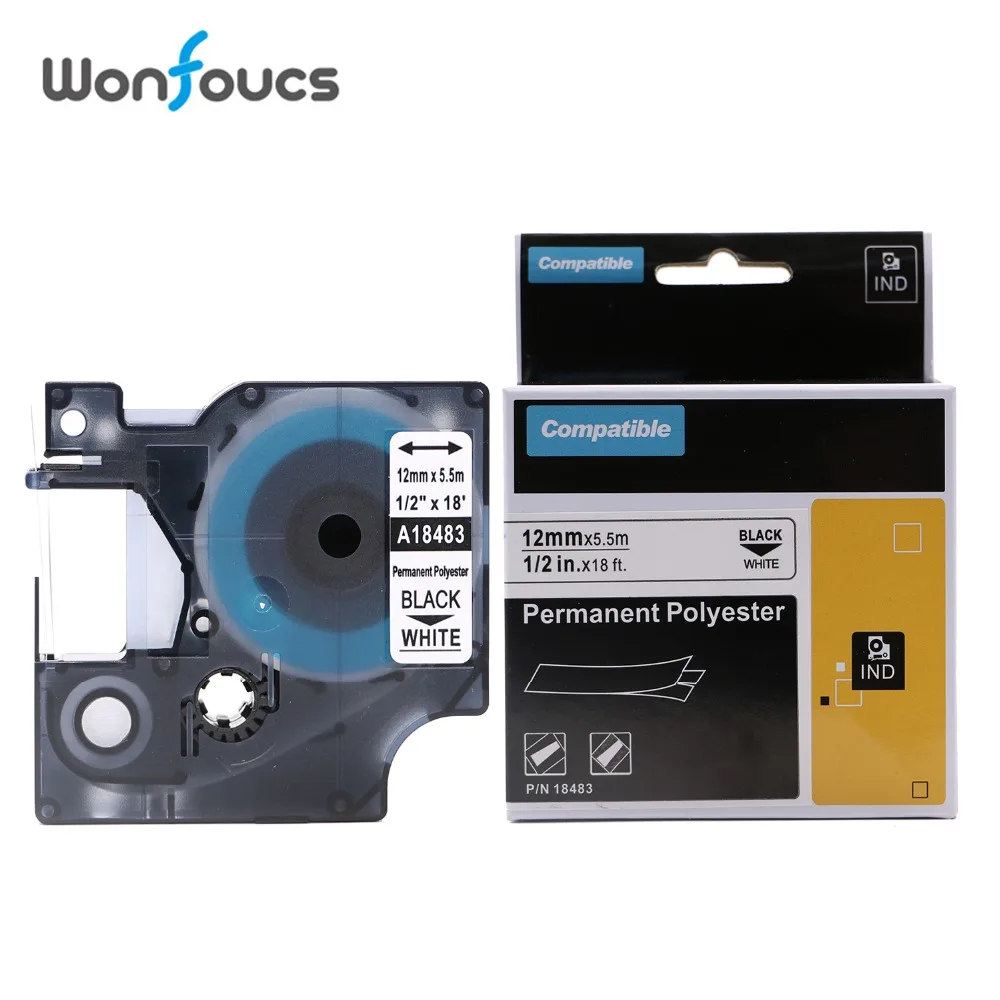1 Pack 12mm Compatible Dymo Industrial Permanent Polyester Label Tapes 18483 Black on White for