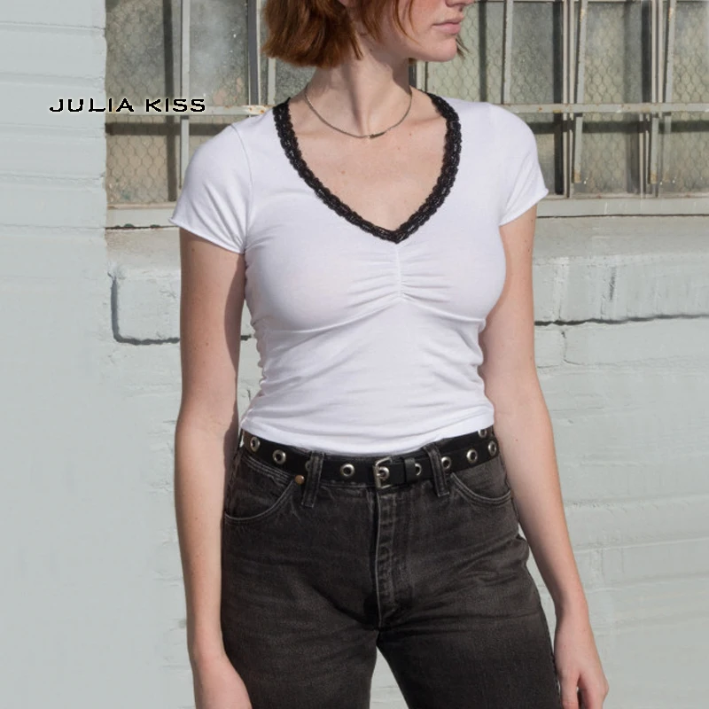 

Women V neck Collar Soft and Stretchy Fitted Tee with Contrast Lace