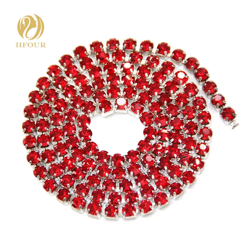 

Free shipping 5yard/pack High quality Sliver base Red glass crystal Rhinestones Cup Chain DIY clothing/Wedding dress Accessories
