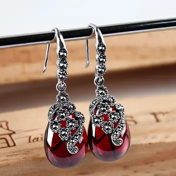 

925 Silver Water Drop Earring Natural Green Stone 100% S925 Sterling Silver Opal Red boucle Drop Earrings for Women Jewelry