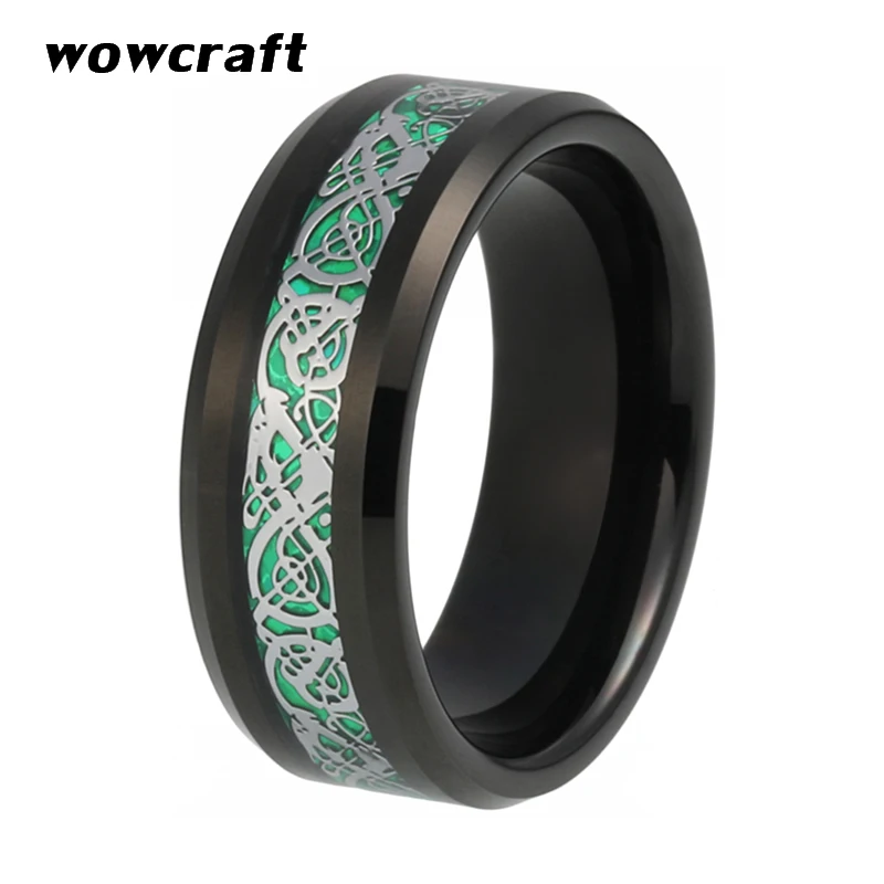 

8mm Black Tungsten Wedding Band for Men Celtics Dragon Ring Green Carbon Fiber Inlay Polish Finish Beveled Edges Comfort Fit