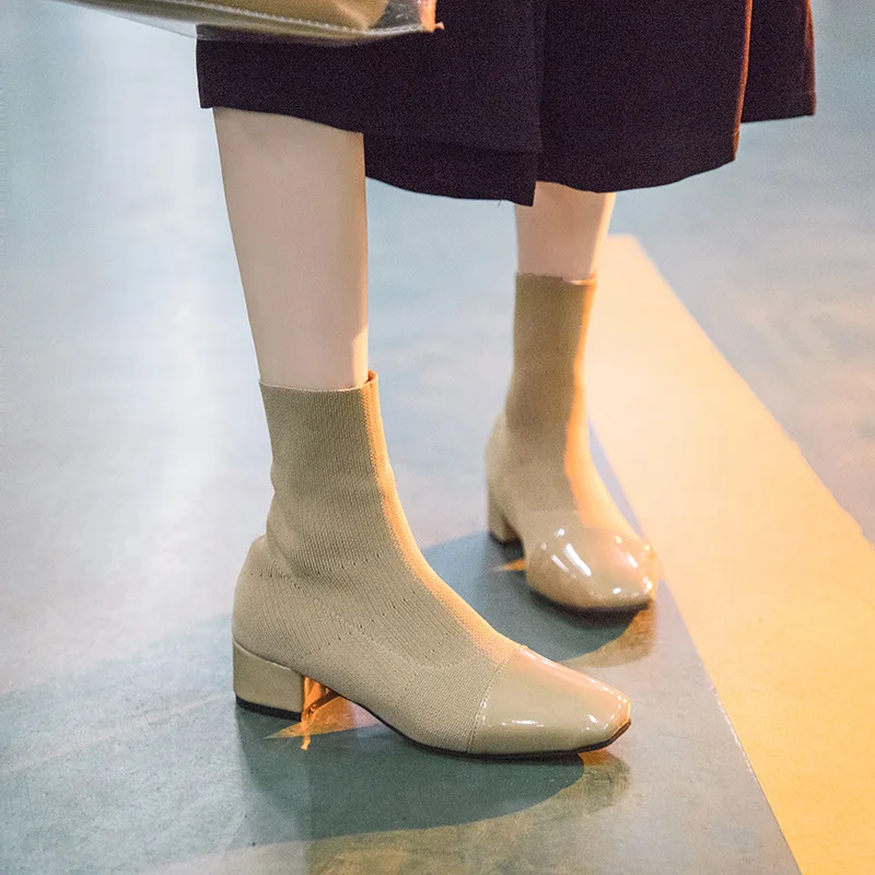 

MoBeiNi Short boots with square head knit socks boots 2018 autumn and winter new fashion thick with elastic boots women's shoes
