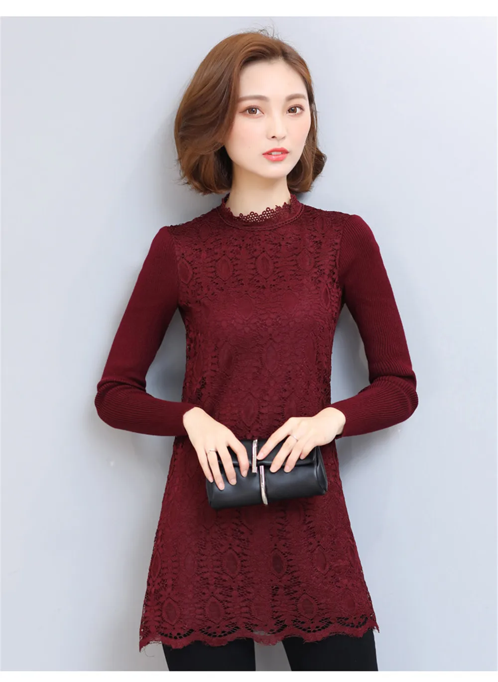 Autumn-Winter Thicken Women Lace Dress 2017 All Match Sweater Sleeve Wine Lace Dress vestido Plus Size 3XL bodycon Work Dress  (5)