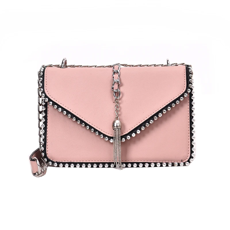 

British Fashion Simple Small Square bag Women's Designer Handbag 2019 High-quality PU leather Rivet Tassel Chain Shoulder bags