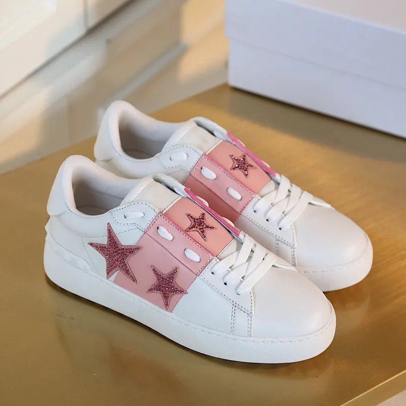 

Genuine Leather Pink Stitching Rhinestone Stars Thick Bottom Comfortable Breathable Casual White Shoes Luxury Brand Women Shoes