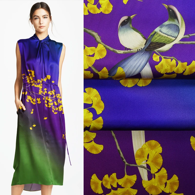 

118*125CM 19MM Yellow Floral Print Stretch Smooth Green Blue Silk Satin Fabric Good for Summer Dress Skirt Shirt Pants JH027