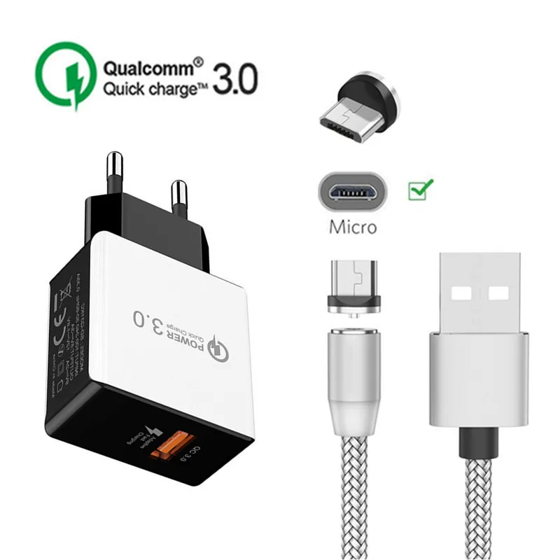 

QC 3.0 Fast charger adapter Magnetic Micro USB Cable For Samsung J4 J5 J7 A10 Huawei Y5 Y6 Y7 Prime 2019 P Smart Android phone