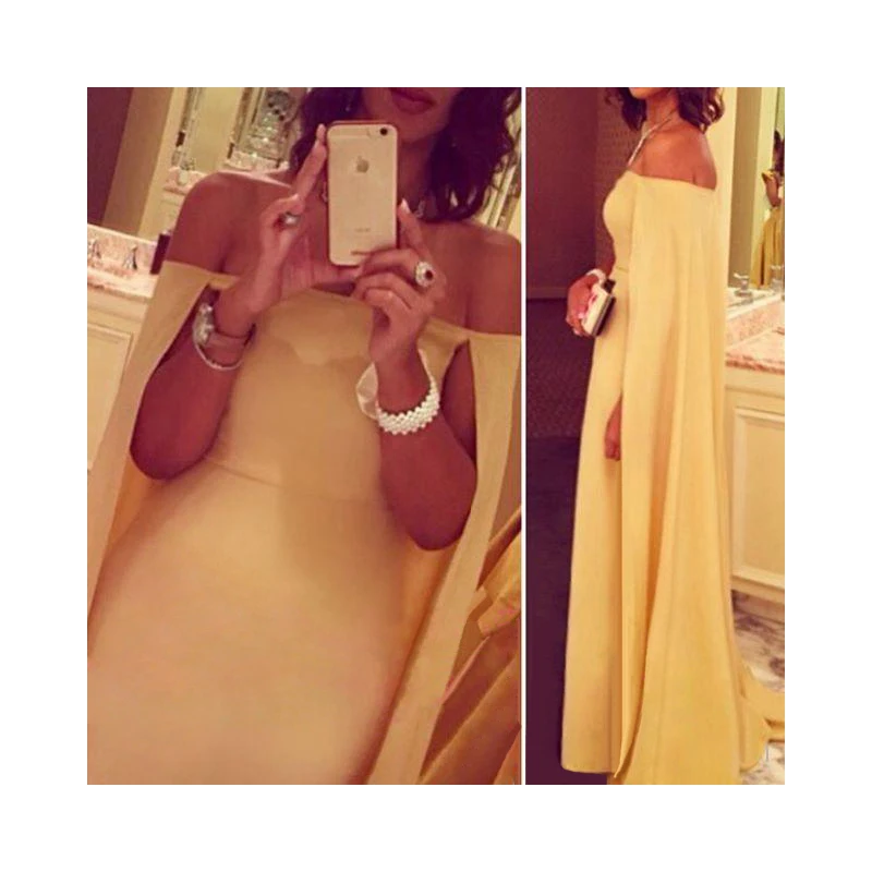 

Lakeydra Yellow Evening Dresses Chiffon Off-Neck with Cloak Zipper Back Sleeveless Prom Gowns Robe De Soiree