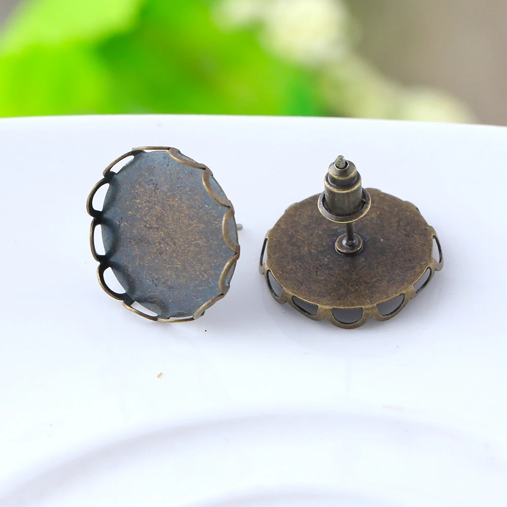 20pcs 16mm Copper Brass Antique Bronze Lace Ear Studs Earring Base Earring Findings Cabochon