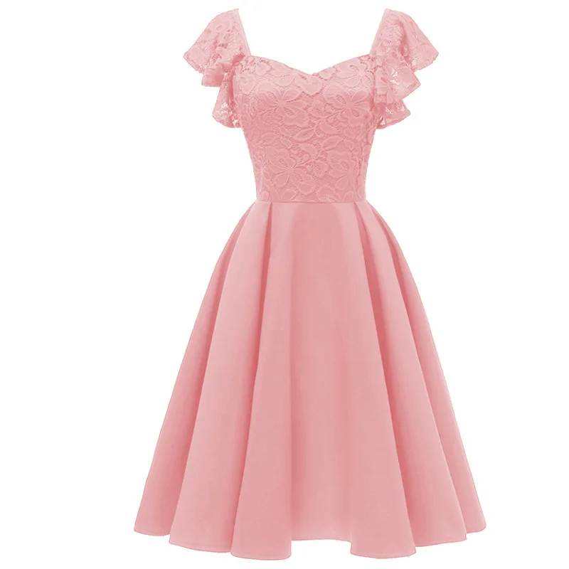 

Beauty-Emily New Lace Ruched Evening Party Dress Hollow V Neck Appliques Mid Skirt Short Sleeve Open Back Prom Gowns Vestido