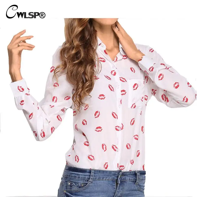 

CWLSP 2018 Summer Chiffon Blouse Shirt Tops Fashion red Lips Print Autumn long sleeve OL White Blouses