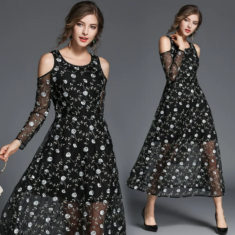 ShejoinSheenjoy O-Neck Mesh Patchwork A-Line Dresses Women Flower Embroidery Long Dress Black Off Shoulder Sexy Party Dresses (20)