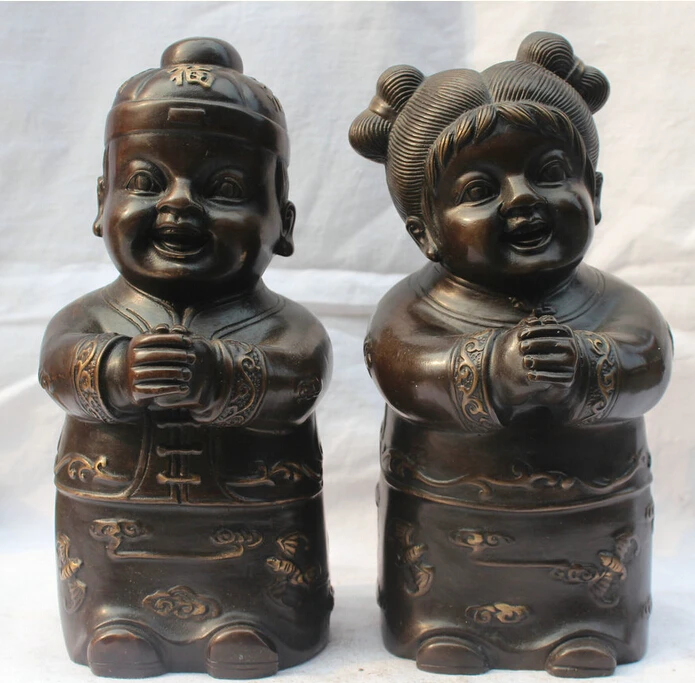 

8" China Chinese Fengshui Pure Bronze Fu Tongzi Boy Gal Girl Bat Statue Pair R0711
