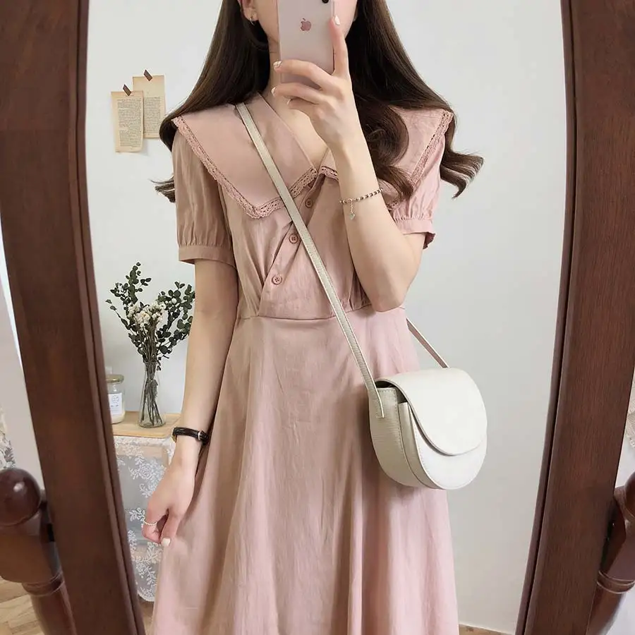 

Plus size New Summer Dress Girls Boho Party Solid Pink Female Vintage Dress buttons Short Sleeve Women Dresses Robe Vestido