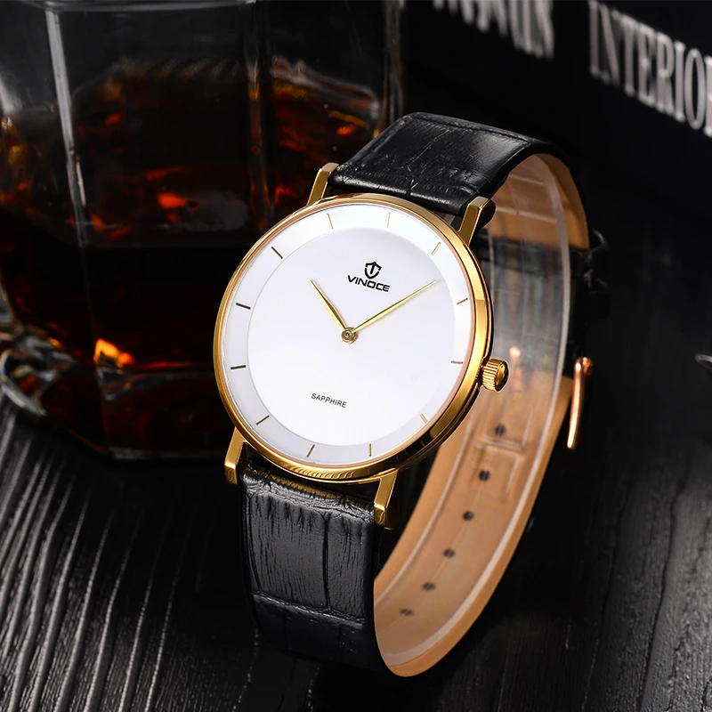 VINOCE 7 мм Ультра тонкие часы для мужчин s Бизнес Мода натуральная кожа мужские кварцевые часы Relogio Masculino# V633263