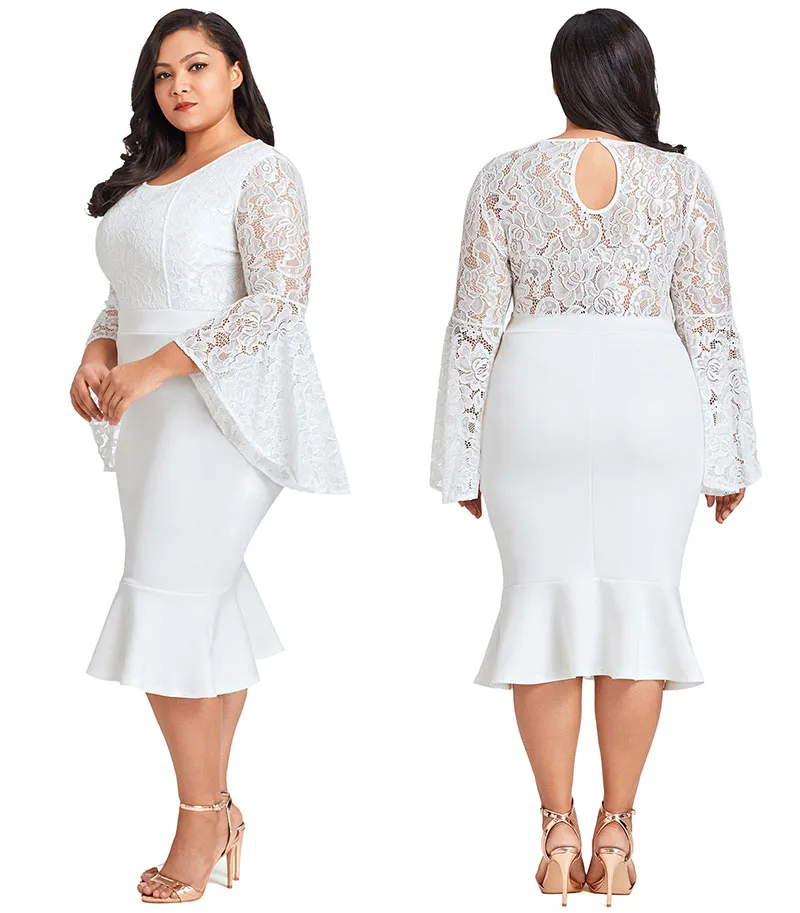 White-Plus-Size-Lace-Bell-Sleeve-Mermaid-Bodycon-Dress-LC61875-1-7