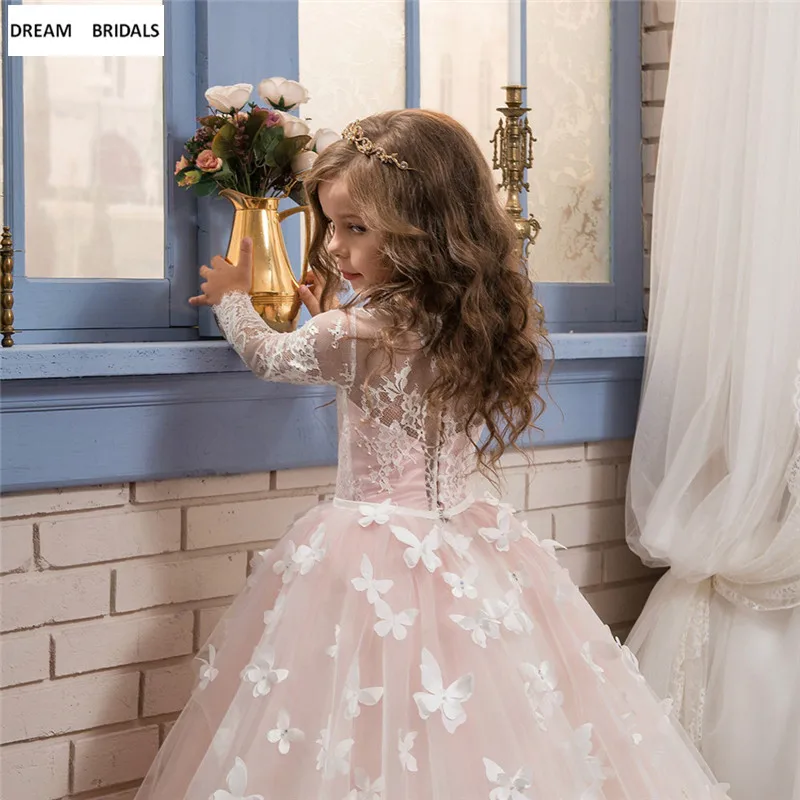 Кружево Платье для первого причастия мульти-бабочка для девочек в цветочек, держащих букет невесты на свадьбе, платья, одежда с длинным рукавом платье с жемчужинами детское бальное платье