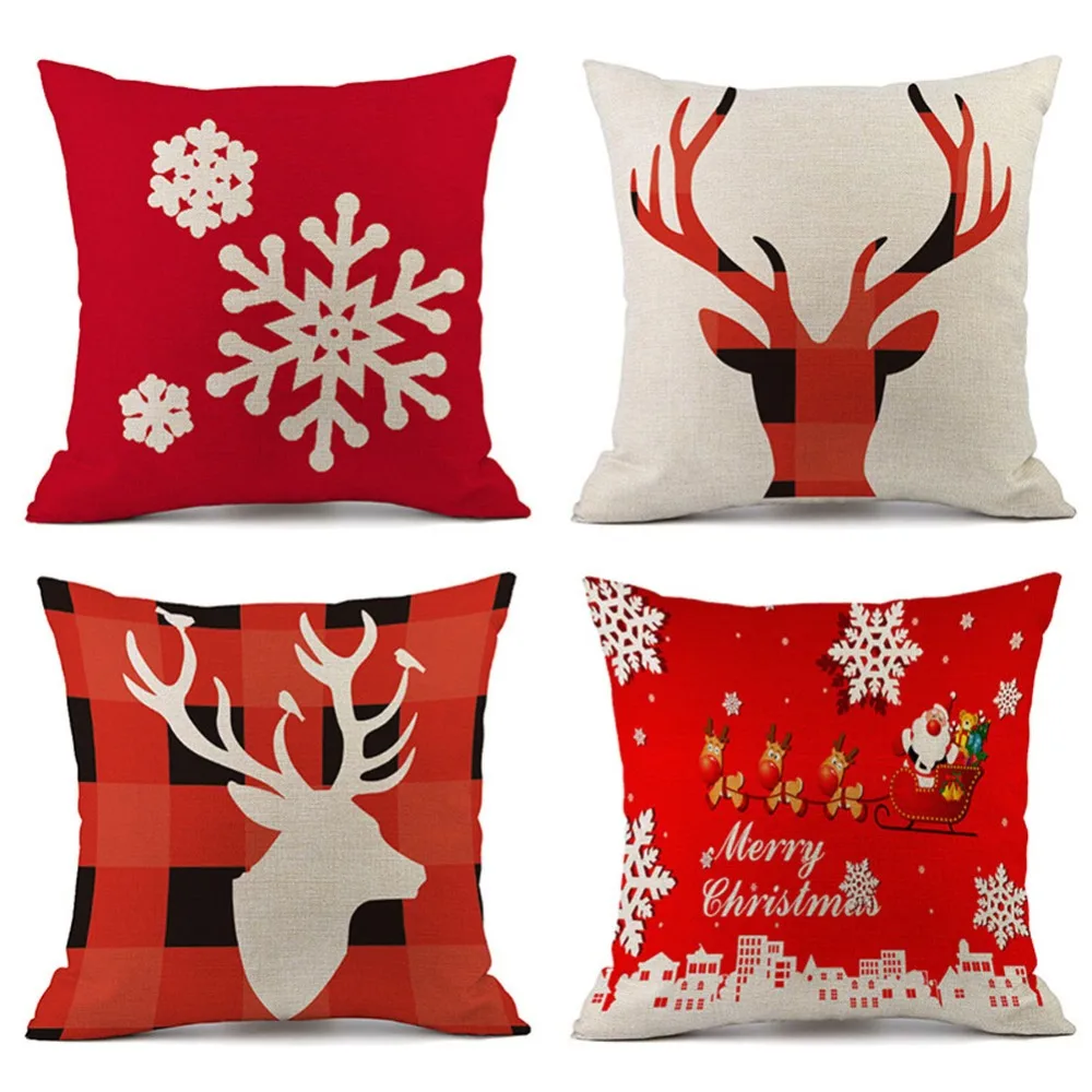 

45*45cm Deer Christmas Cotton Linen Throw Pillow Case Cotton Linen Pillow Cover Home Bed Seat Decorative Pillowcases