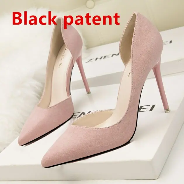 Женские модные летние пикантные замшевые туфли на высоком каблуке с острым носком; женские туфли-лодочки - Цвет: Black patent