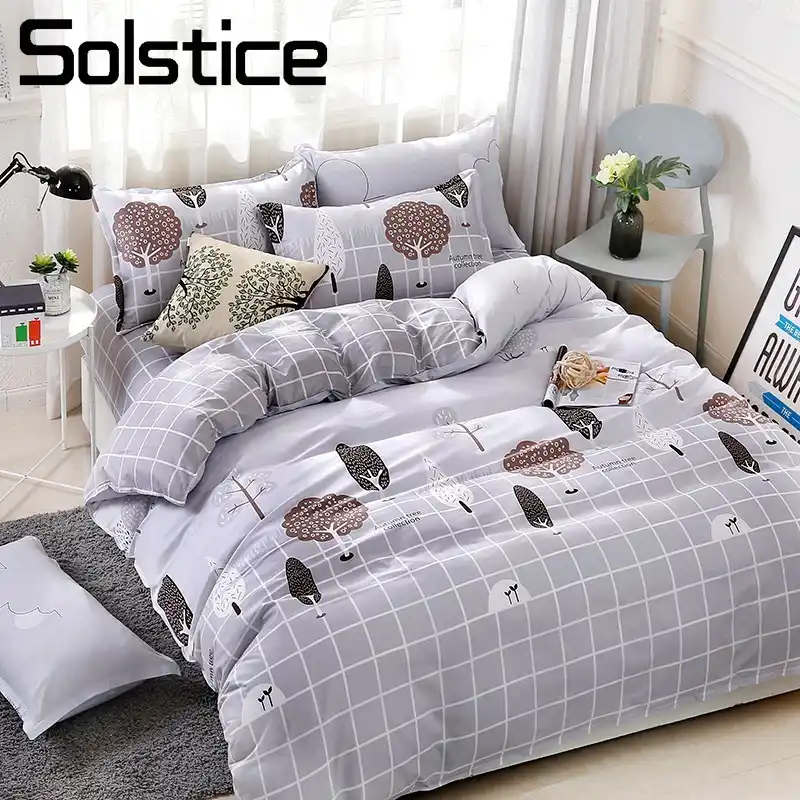 Solstice Home Textile Plaid Tree Cartoon Gray Duvet Cover Bed