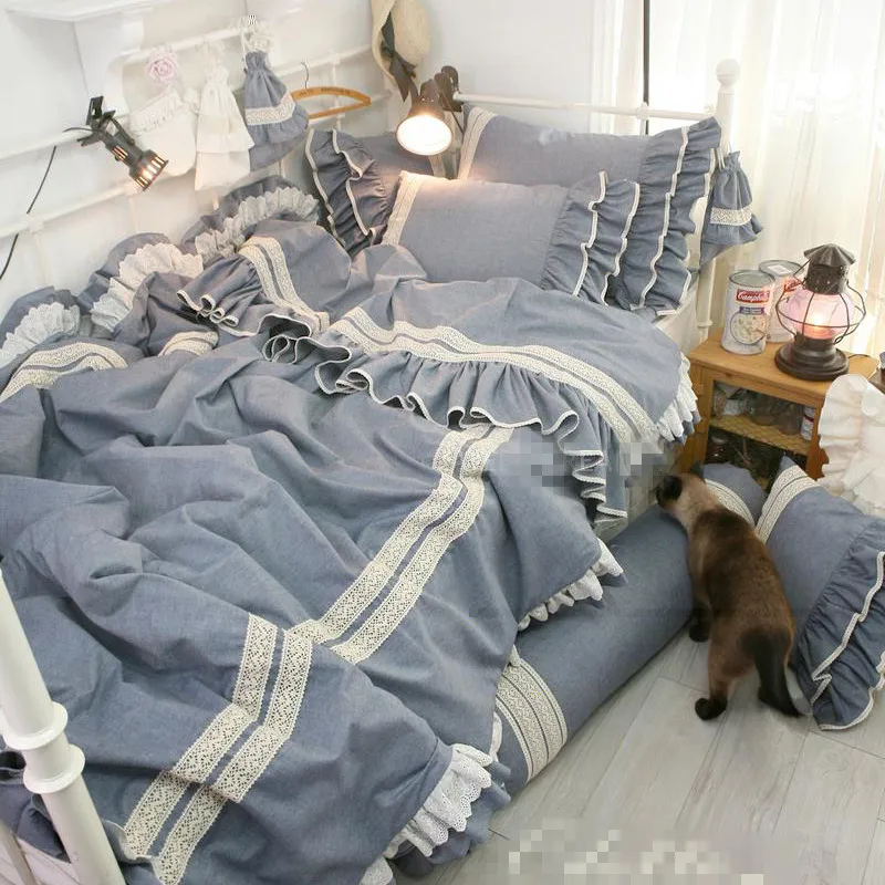 

Korean 100%cotton lotus leaf denim blue princess ruffles lace bed skirt 3/4pcs bedding set free shipping YW