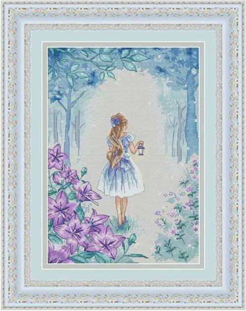 cs-2124 Cross Stitch Kit Divine Guidance Girl in the Forest Lantern Light in the Morning