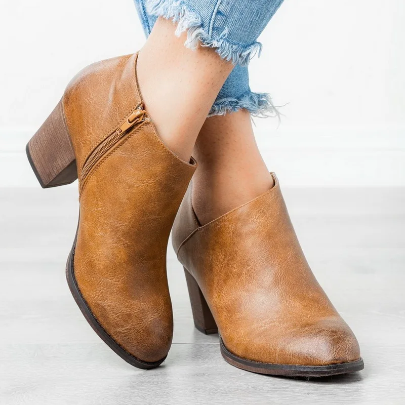 

Women Fashion Pointed Toe PU Leather Short Boots 2019 New Shallow Side Zipper Mid Chunky Block Heel Spring Autumn Ankle Boots