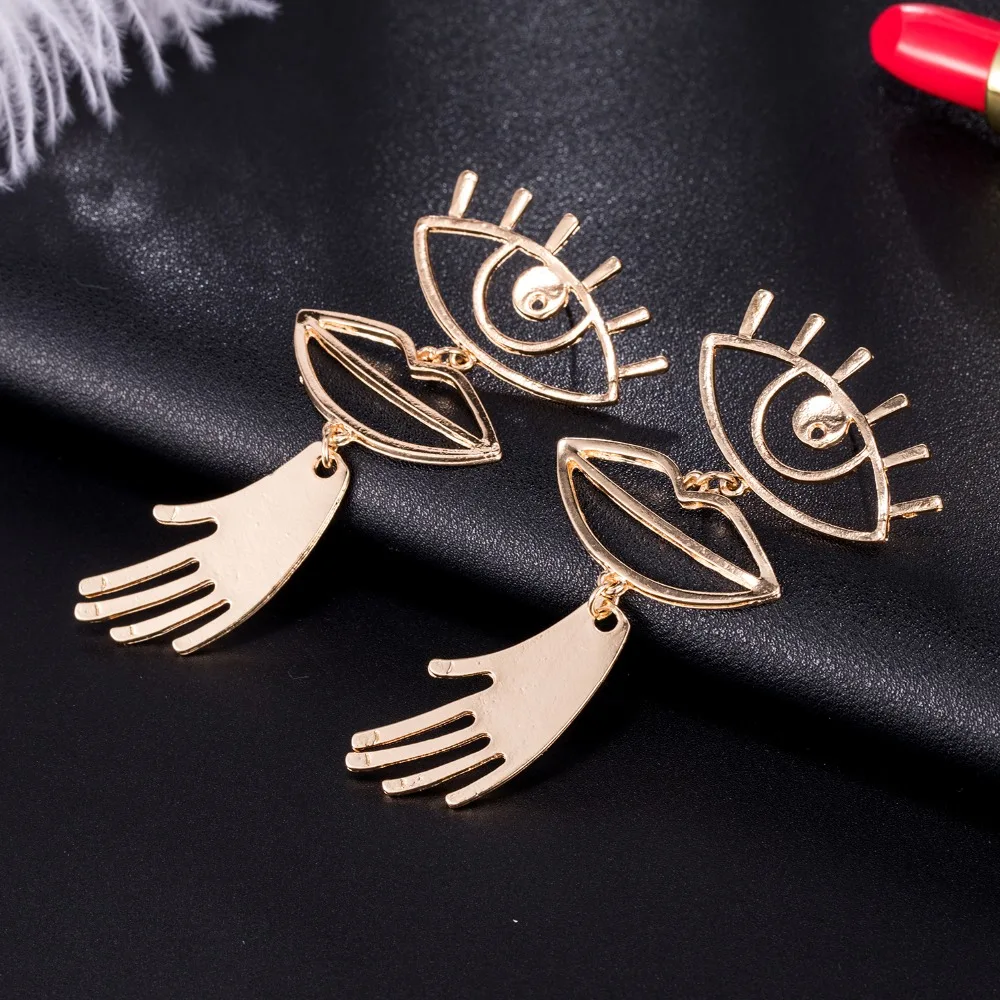 KISSWIFE Abstract Face Drop Earrings Fashion Jewelry Vintage Metal Geometric Hollow Eye Lip Palm Statement Earrings for Women