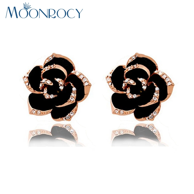 

MOONROCY Free Shipping Cubic Zirconia Fashion Jewelry Rose Gold Color Black Rose Flower Crystal Earrings for Women Gift