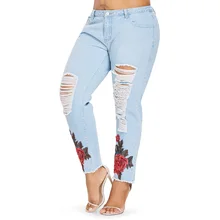 Kenancy плюс размеры вышивка аппликация джинсы для женщин Необработанный подол рваные измельчения прямые джинсы для