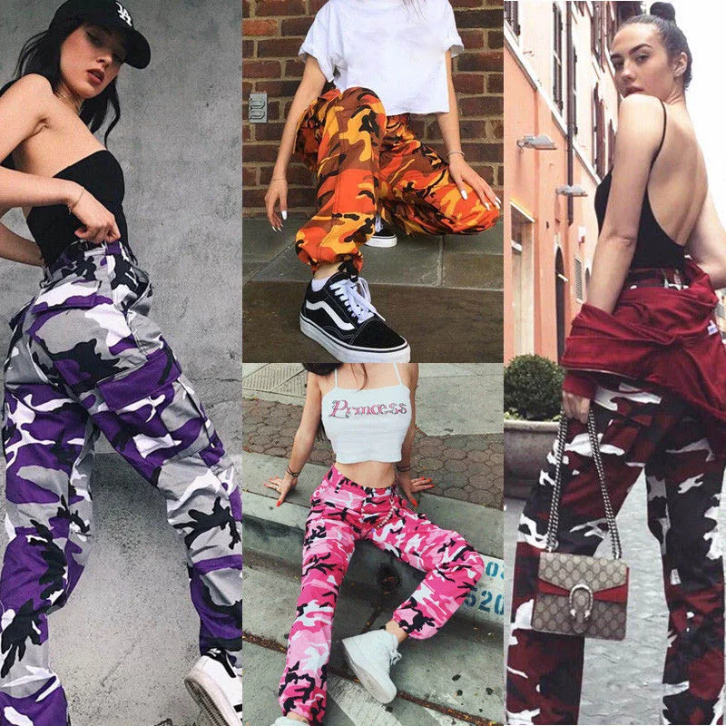Orange Camouflage Pants Women Sweatpants Purple Pink Camo Pants Pantalon Femme Trousers Cargo Harem Pantalones Mujer -
