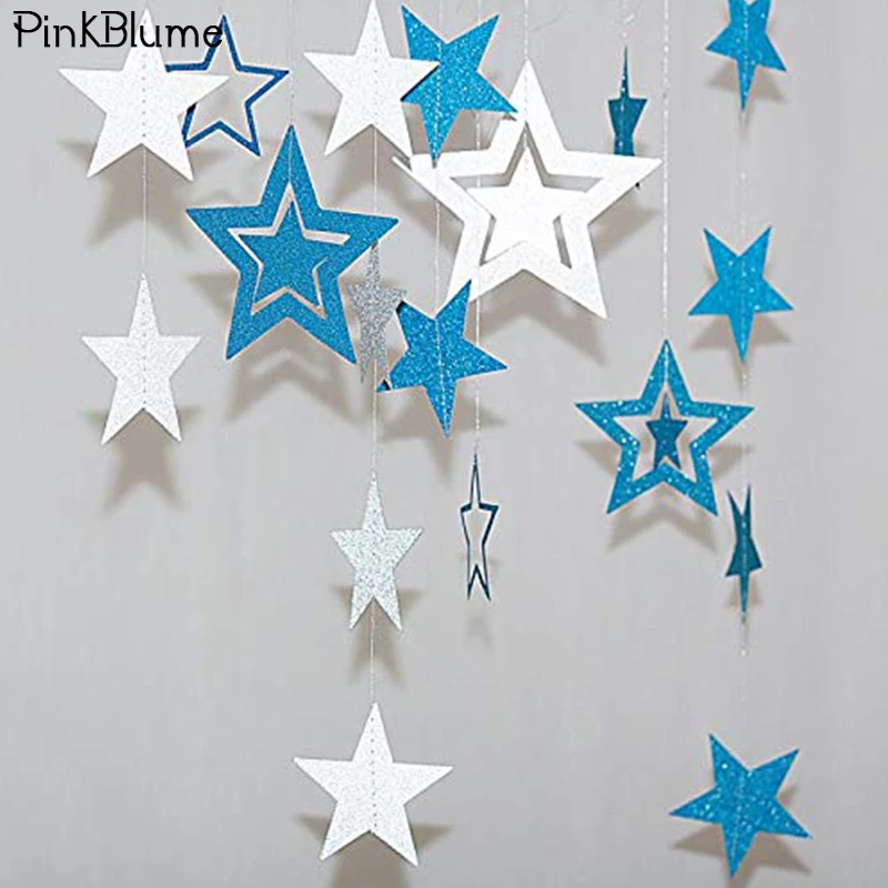 

Christmas Silver Glitter Star Paper Garland 3D Hollow Out Banner Hanging Decorations For Birthday New Year Home Party Supplies