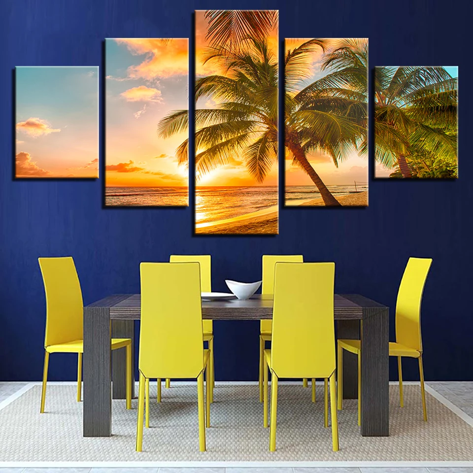 

Canvas Paintings Home Decor HD Prints Palm Trees Seascape Pictures 5 Pieces Sunset Beach Wave Posters Bedroom Wall Art Framework