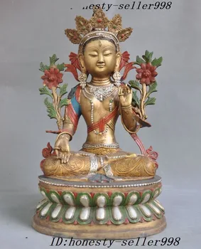 

christmas Old Tibet Bronze Painting Gilt buddhism white Tara Kwan-Yin Mercy Goddess Statue halloween