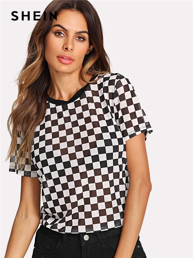 SHEIN Plaid Print Semi Sheer Tee Women Round Neck Short Sleeve Clothing