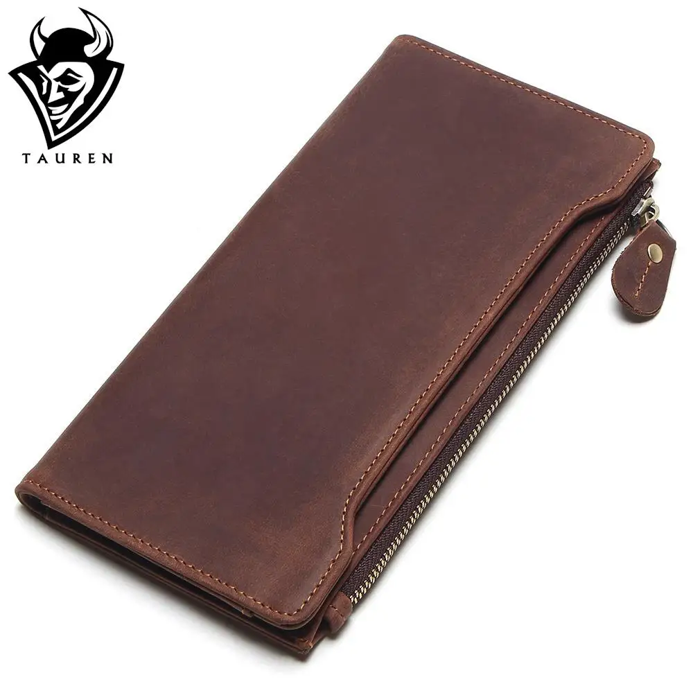 TAUREN 100% Genuine Leather Classic Wallet Best Crazy Horse Leather Men Wallets Long Vintage ...