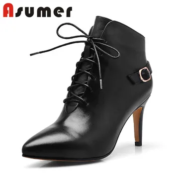 

ASUMER HOT SALE 2020 adult buckle ankle boots for women solild sexy winter boots pointed toe thin heels genuine leather boots